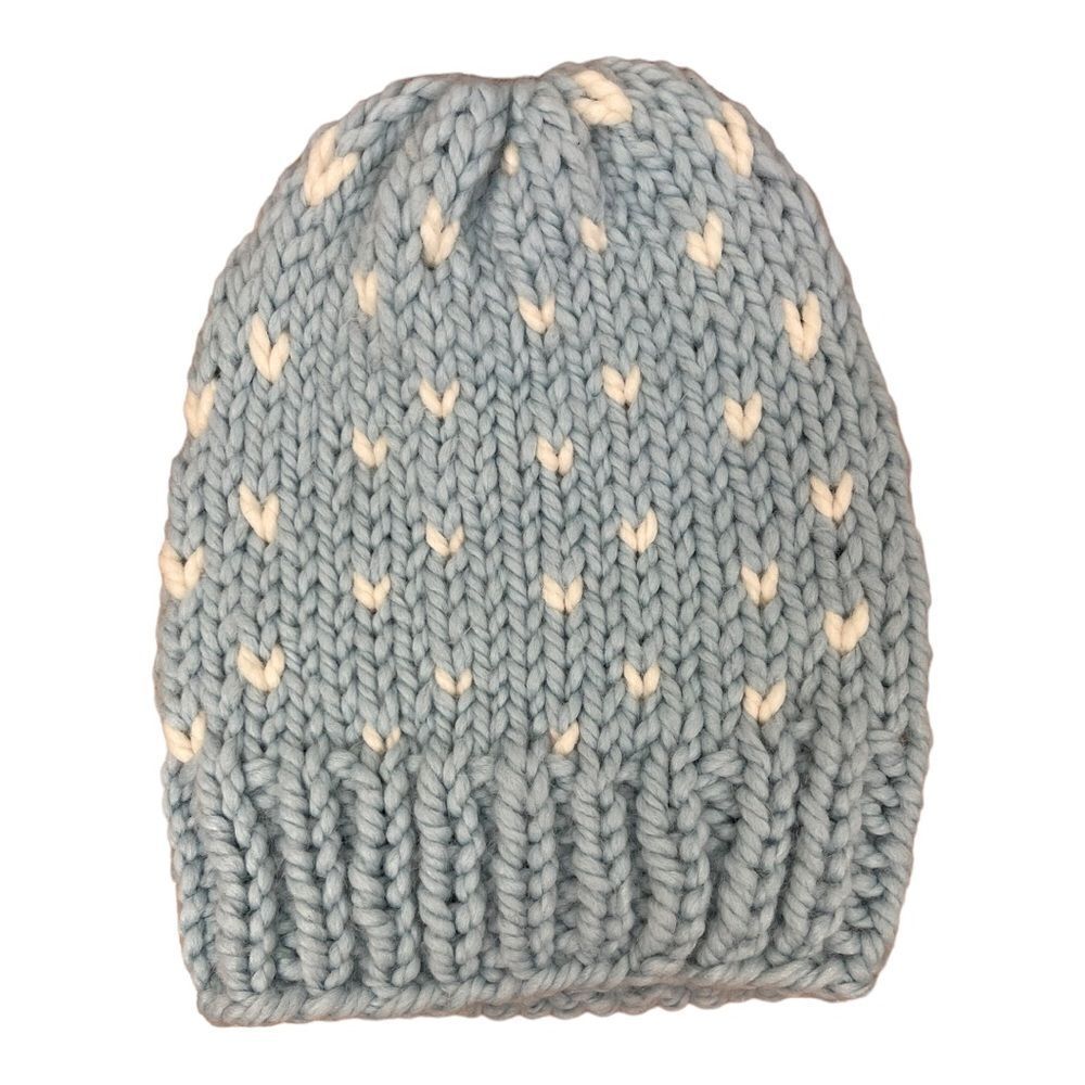 Handmade Knit Baby Blue White Heart  Beanie Hat One Size